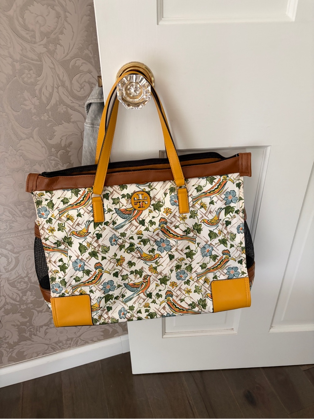 Tory burch Ella tote dog pet carrier bird print zip top mesh sides